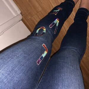 New York & Company Blue Skinny Jeans with LOVE Design